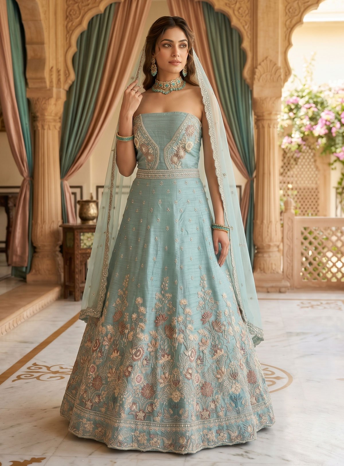 Rajshri Fashions Powder Blue Raw Silk Floral Embroidered Bridal Lehenga - Rajshri Fashions Sowcarpet Chennai