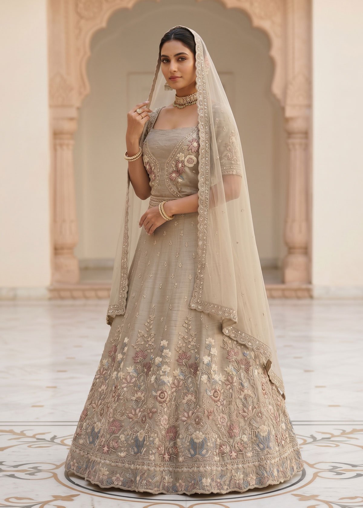 Rajshri Fashions Ethereal Taupe Floral Embroidered Bridal Lehenga - Rajshri Fashions Sowcarpet Chennai