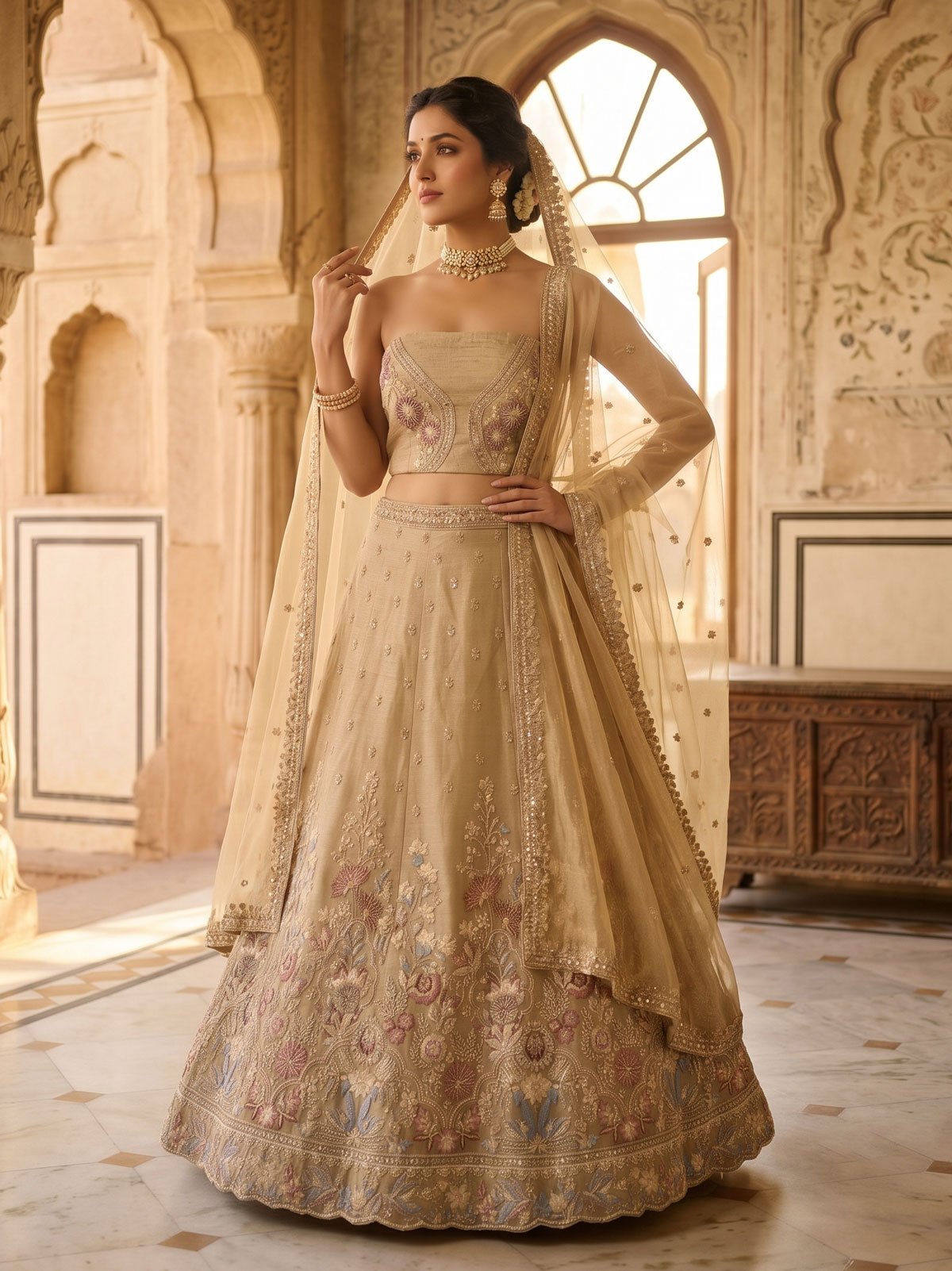 Rajshri Fashions Champagne Gold Floral Embroidered Raw Silk Lehenga Set - Rajshri Fashions Sowcarpet Chennai