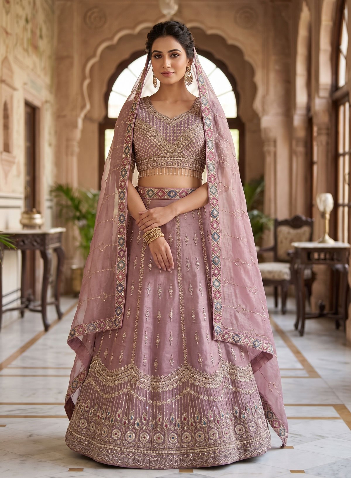 Rajshri Fashions Lavender Haze Embroidered Raw Silk Blend Lehenga Set - Rajshri Fashions Sowcarpet Chennai