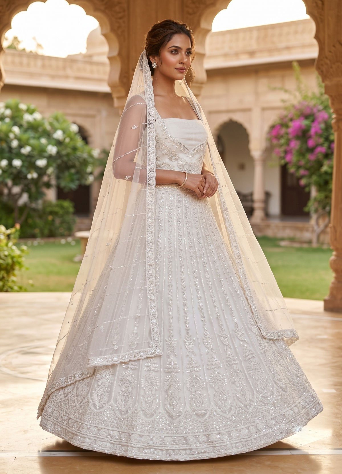 Rajshri Fashions Ivory Pearl Embellished Net Bridal Lehenga - Rajshri Fashions Sowcarpet Chennai